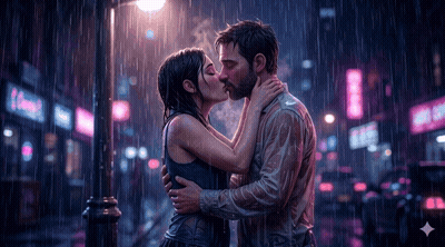Man and Woman Kissing in Rain With Coca Cola Sign
