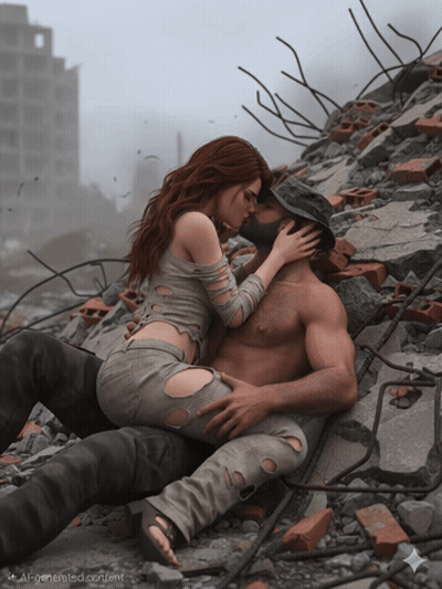 Man And Woman Kissing In Rubble Saying All-Generated Content GIF