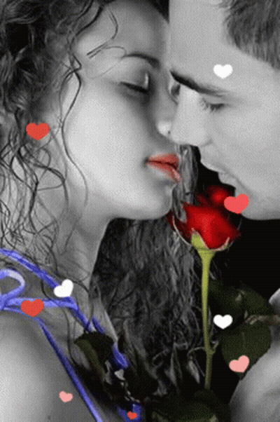 Man And Woman Kissing With Hearts GIF
