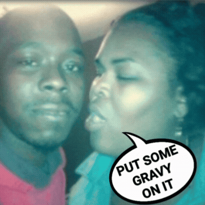 Man And Woman Kissing With Speech Bubble Saying Put Some Gravy On It GIF