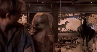 Man And Woman Looking At Dinosaur Display GIF