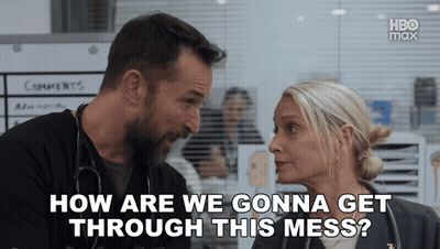 Man And Woman Looking At Each Other Saying How Are We Gonna Get Through This Mess GIF