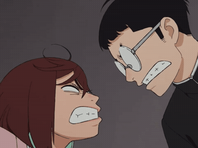 Man And Woman Looking At Each Other With Mouths Open And Crossed Teeth GIF
