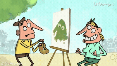 Man And Woman Looking At Painting With Cartoon Box GIF