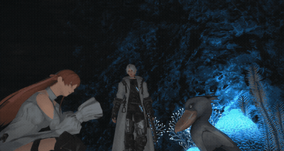 Man And Woman Next To Bird In Dark Cave GIF