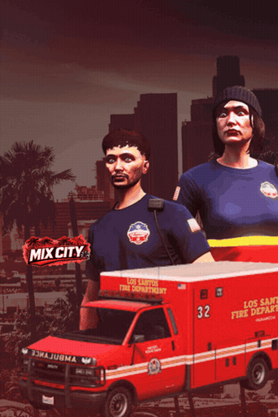 Man And Woman Next To Red Los Santos Fire Department Ambulance GIF