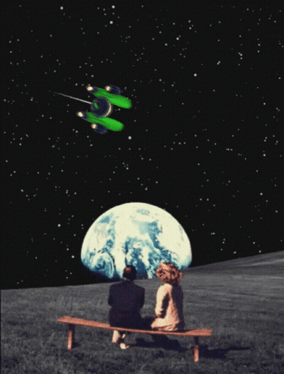 Man And Woman On Bench Watching Green Spaceship Over Earth GIF