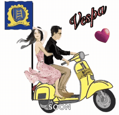 Man And Woman Riding Yellow Vespa GIF