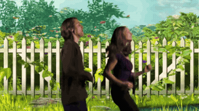 Man And Woman Running In Front Of Picket Fence GIF