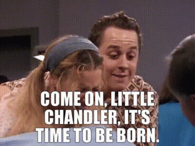 Man And Woman Saying Come On Little Chandler It's Time To Be Born GIF