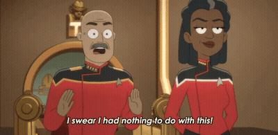 Man And Woman Saying I Swear I Had Nothing To Do With This GIF