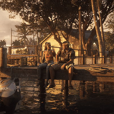 Man And Woman Sit On Dock Next To Boat Saying 300 GIF