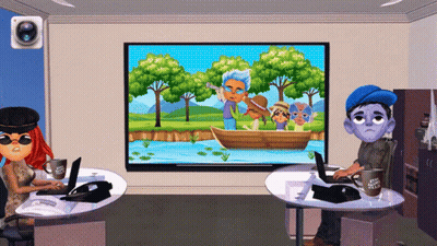 Man And Woman Sitting At Desks With Boat Screen GIF