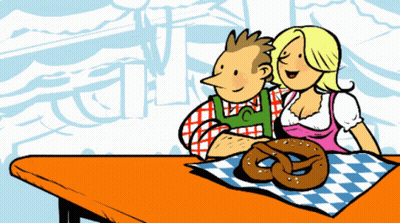 Man And Woman Sitting At Table With Pretzel GIF