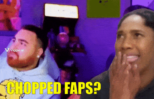 Man And Woman Sitting In Front Of Arcade Machine With Chopped Faps GIF