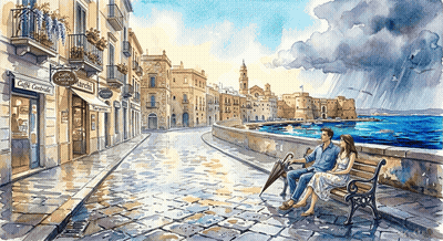 Man And Woman Sitting On Bench With Umbrella GIF