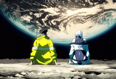 Man And Woman Sitting On Moon Looking At Earth GIF