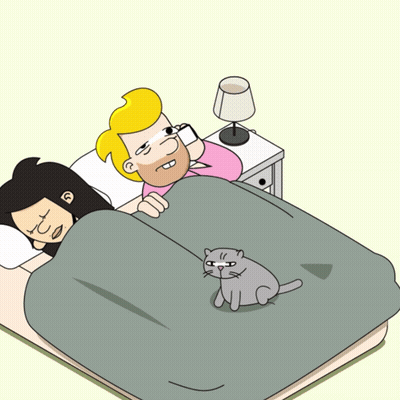 Man And Woman Sleeping With Cat Saying Can We Make The Logo Bigger GIF