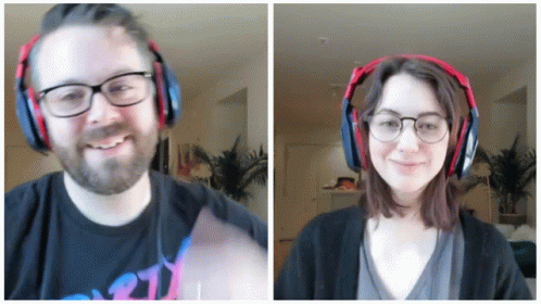 Man And Woman Smiling With Headphones GIF
