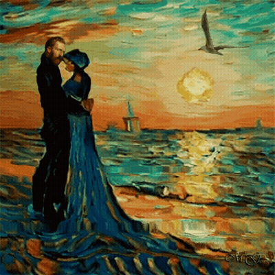 Man And Woman Standing By Ocean With Seagull GIF
