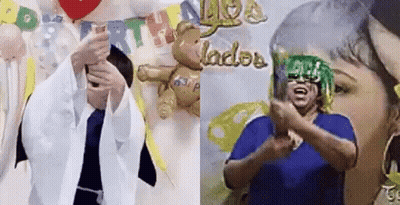 Man And Woman Standing In Front Of Birthday Balloons And Banner GIF