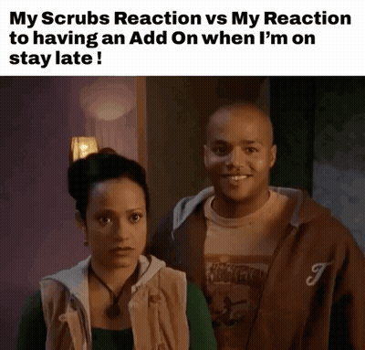 Man And Woman Standing With My Scrubs Reaction Vs My Reaction GIF