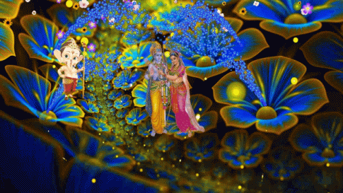 Man And Woman Surrounded By Blue Flowers GIF