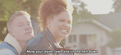 Man And Woman Talking About Mowing Lawn GIF