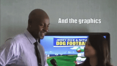 Man and Woman Talking in Front of TV Saying Jerry Rice & Nitu Dog Footba