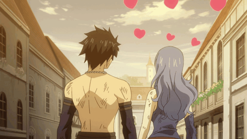 Man And Woman Walking With Floating Hearts GIF