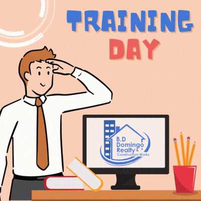 Man At Computer With B.D. Domingo Realty Construction Works Logo GIF