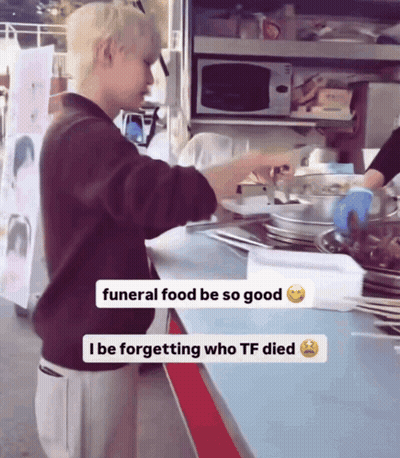 Man At Counter With Funeral Food Saying I Be Forgetting Who TF Died GIF