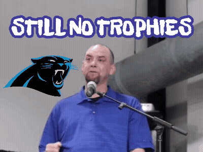 Man At Microphone With Panther Logo Still No Trophies GIF