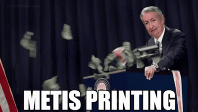 Man At Podium With Money Falling Metis Printing GIF