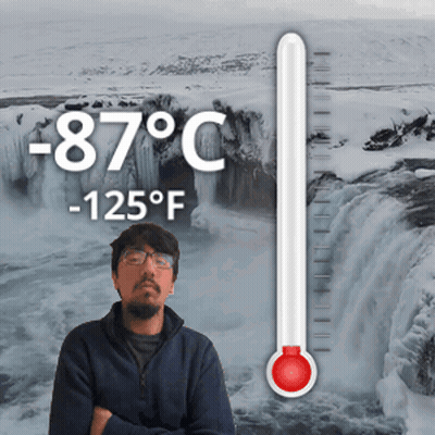 Man At Waterfall With Thermometer -87 Degrees GIF