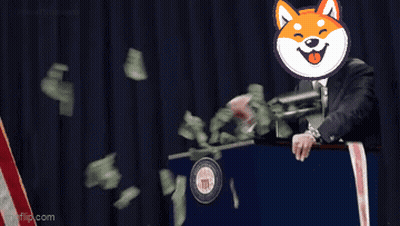Man Behind Podium With Shiba Inu On Head GIF