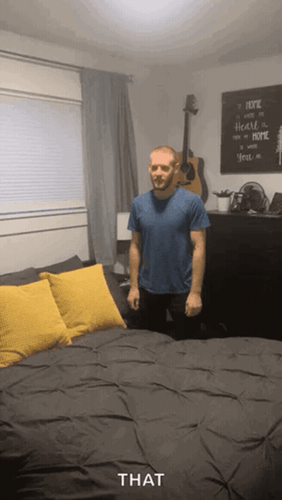 Man Blue Shirt Bed Yellow Pillows Home Sign GIF