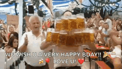Man Carrying Stack Of Beer Mugs In Front Of Crowd GIF