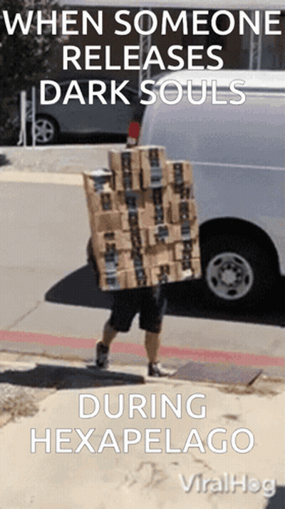 Man Carrying Stack Of Boxes When Someone Releases Dark Souls GIF