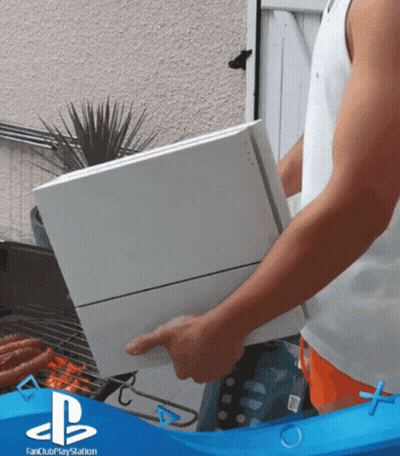 Man Carrying White Box With Fan Club PlayStation Logo GIF