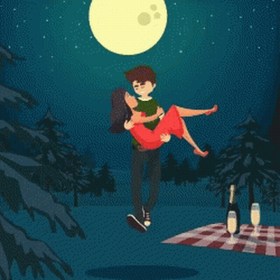 Man Carrying Woman Kissing Under Full Moon GIF