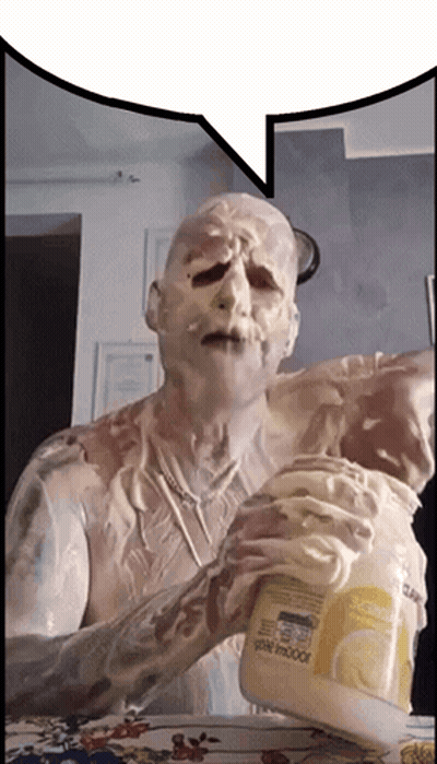 Man Covered In Whipped Cream Holding Indoor Container GIF
