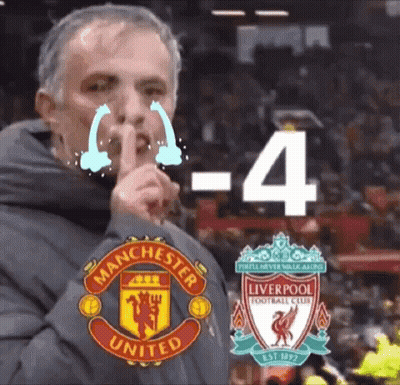 Man Crying With Finger To Mouth In Front Of Manchester United And Liverpool Logos GIF
