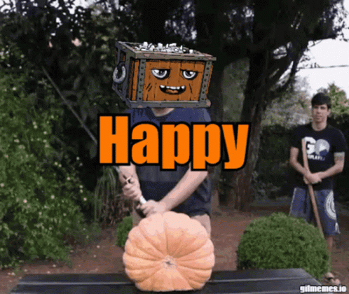 Man Cutting Pumpkin With Treasure Chest On Head Happy GIF