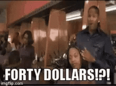 Man Cutting Woman's Hair Saying Forty Dollars GIF