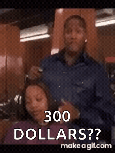 Man Cutting Woman's Hair Says 300 Dollars GIF