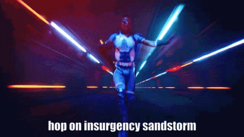 Hombre bailando en cuarto oscuro diciendo Hop on Insurgency Sandstorm GIF