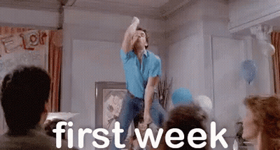 Man Dancing In Front Of Crowd Saying First Week GIF