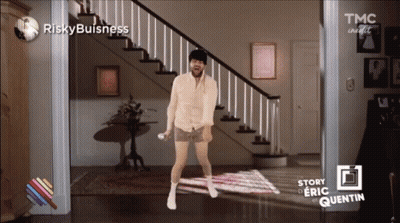 Man Dancing In Front Of Staircase Riskybuisness GIF