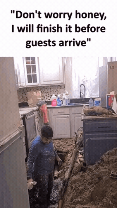 Man Digging In Kitchen Saying Don't Worry Honey I Will Finish It Before Guests Arrive GIF